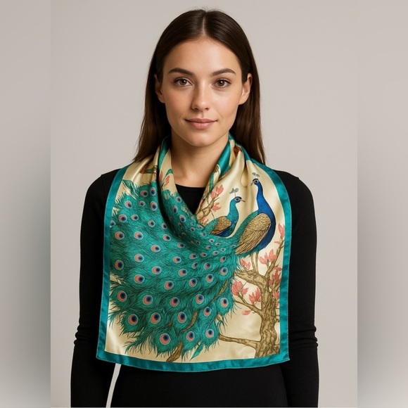 2238- Women’s Peacock Print Scarf 100% Polyester NWT - Picture 1 of 8